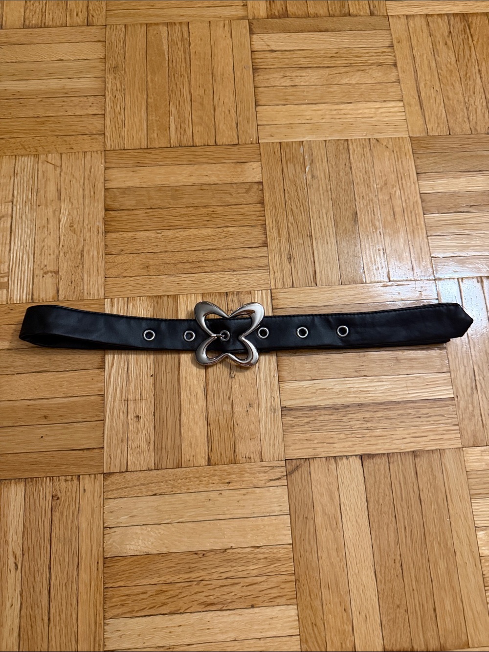 Black Faux Leather Women’s Belt with Silver Butterfly Buckle